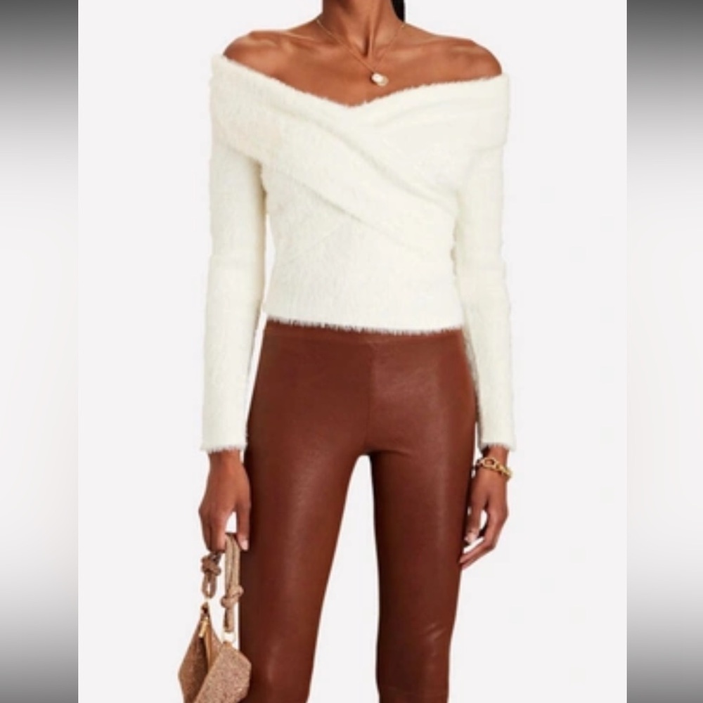 JONATHAN SIMKHAI STANDARD Aiden Fuzzy Knit Off Shoulder Top in Ivory XS $324 - Picture 1 of 6
